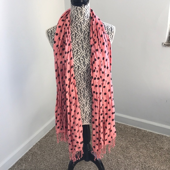Coral scarf with black polka dots - Picture 2 of 4